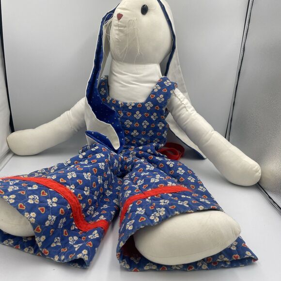 Vtg 90’s Handmade Muslin Long Eared Country Bunny Rabbit Quilted Overalls Easter - Picture 7 of 7